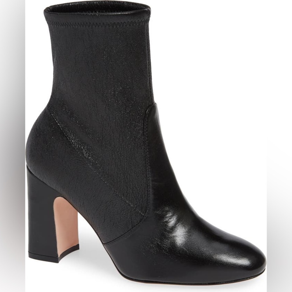 Stuart Weitzman Black Leather & Stretch Sock Block Heel Ankle Boots